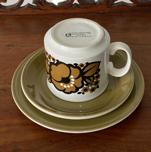 1960s英国Staffordshire陶瓷花朵咖啡杯碟3pcs  B0306 商品图2