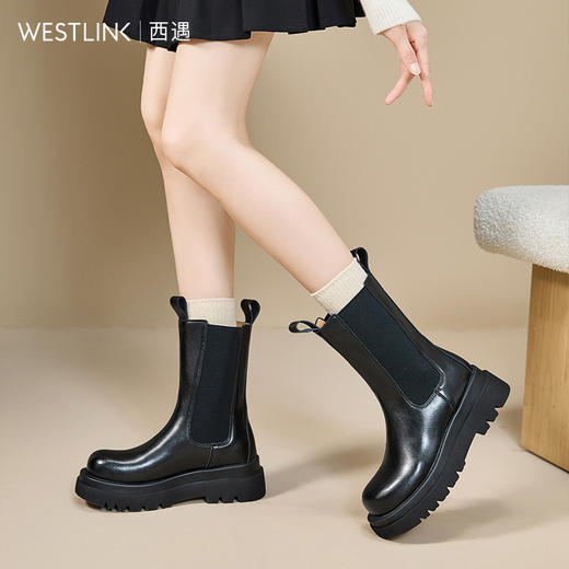 西遇厚底切尔西靴女冬季新款英伦黑色小个子增高显瘦短靴子V0057360 商品图2