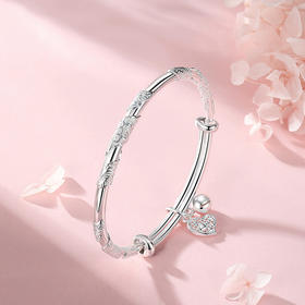 Winy 足银 999.9 恋心叶客行手镯  爱心铃铛银镯 带证书纯银镯子送礼