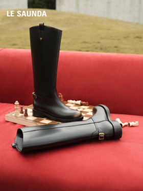 莱尔斯丹2025秋冬新款牛皮显瘦复古粗跟骑士长筒靴子女