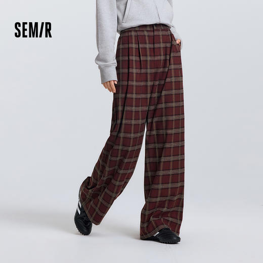 森马休闲裤女春季格子打褶拖地裤宽松垂坠感街头美式复古风阔腿裤 商品图1
