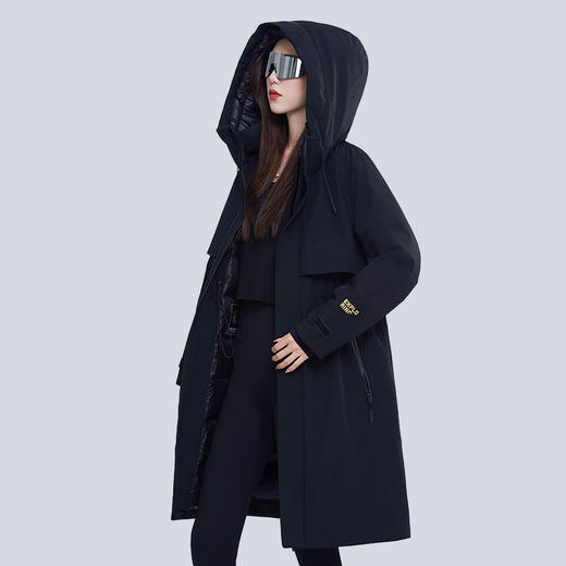 【绒朵轻盈饱满】个调 2025冬季新款女士长款鹅绒重磅加厚高进黑风衣羽绒服8768 黑色155-170 商品图1