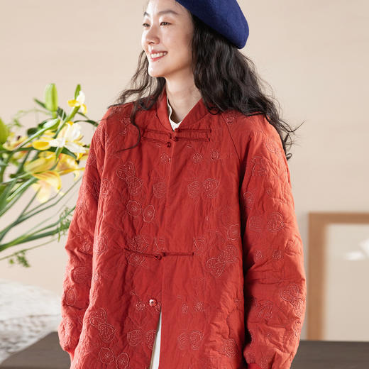 牧衣游原创 60支机绣涧棉棉衣薄款新中式红色复古宽松棉服 一见喜 商品图0