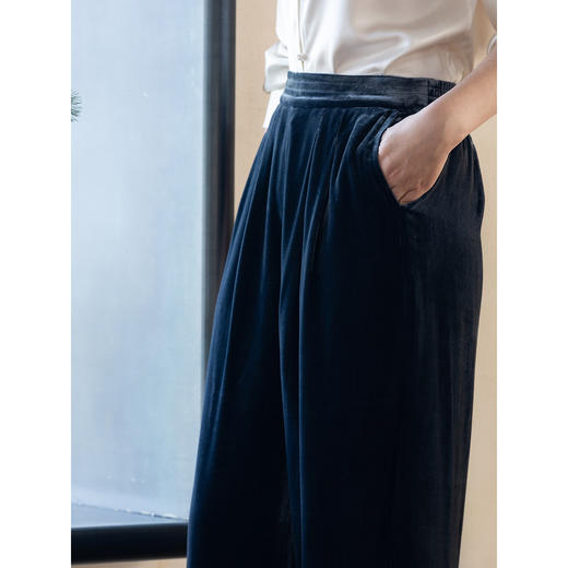 牧衣游原创 丝绒净色休闲长裤新款垂感显瘦蓝色宽松百搭裤子 今喜 商品图3