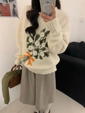 D121108韩系松弛感清新文艺穿搭手工花粗线针织毛衣女