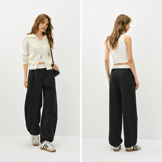 森马休闲裤女春季磨毛阔腿香蕉裤拼色宽松分割显瘦潮流慵懒风卫裤 商品图4