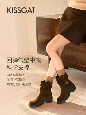 「李兰迪/美洋同款接吻猫[落日大道]麂皮筒靴西部堆堆靴牛仔靴加绒」