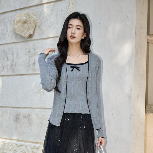 奢姿大码女装2025秋季减龄蝴蝶结针织两件套胖妹妹时尚上衣套装9653953687AB 商品图1