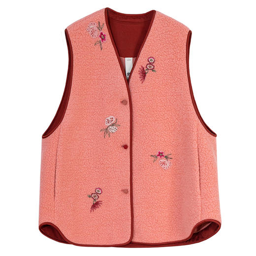 牧衣游原创 手工刺绣进口羊毛混纺羊羔毛马夹女新款红色开衫 离歌 商品图4