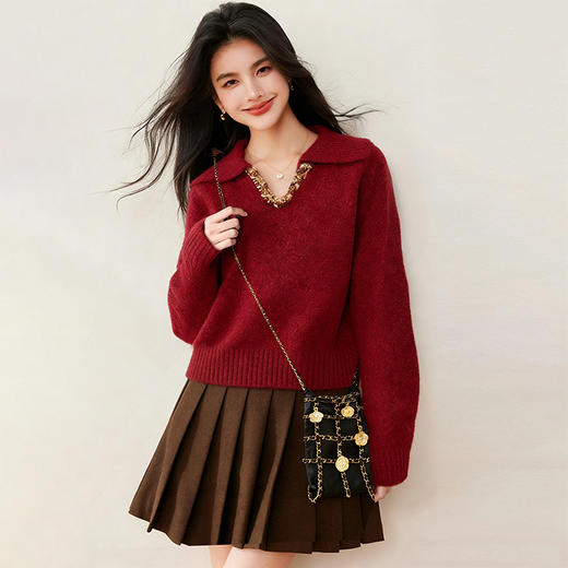 西遇红色毛衣女2025年冬季新款V领亮片宽松百搭打底针织衫SS060011 商品图1