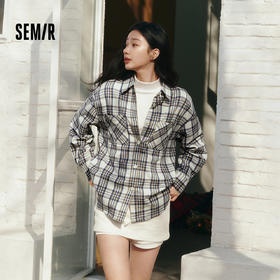 森马长袖衬衫女春季中长款oversize翻领落肩格纹上衣女生复古衬衣