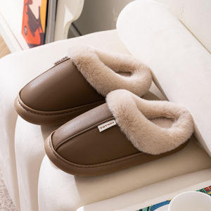男女人造PU防水棉拖鞋  秋冬厚底拖鞋 毛绒保暖包脚厚底拖鞋 商品图1