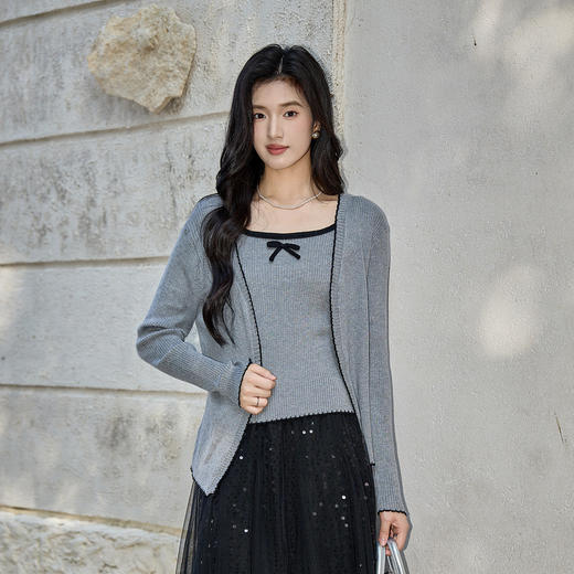 奢姿大码女装2025秋季减龄蝴蝶结针织两件套胖妹妹时尚上衣套装9653953687AB 商品图0