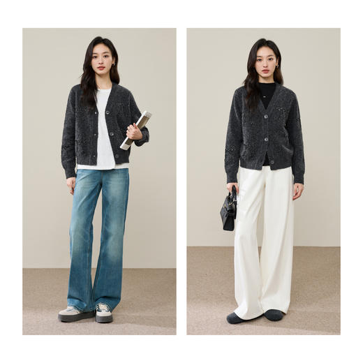 【绵羊毛-开衫】逸阳秋冬新品格雷系时尚羊毛针织灰色长袖上衣外套5324 商品图5