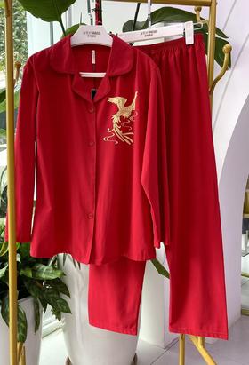 发财大红色翻领丝光棉套装女款睡衣舒适透气1415340