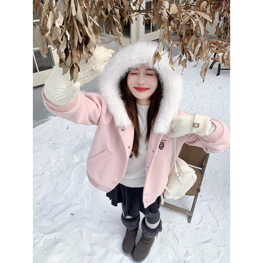 <曾小咸推荐>现货秒杀 ！微信超特价！韩系毛绒连帽毛呢外套 日常369.99 立减180 秒杀189.99！！ 商品图1