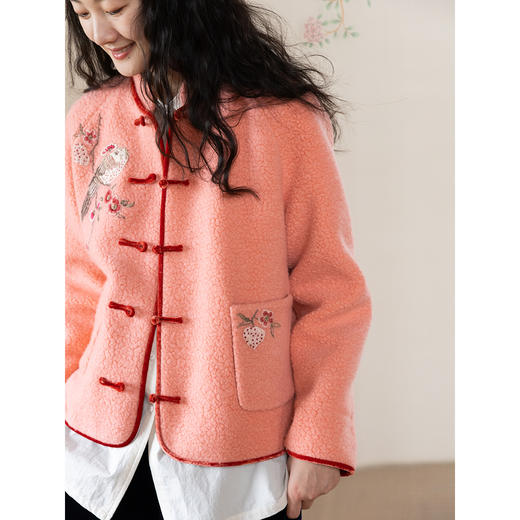 牧衣游原创 刺绣进口羊毛混纺羊羔毛毛呢外套新中式红色新年 风雲 商品图1