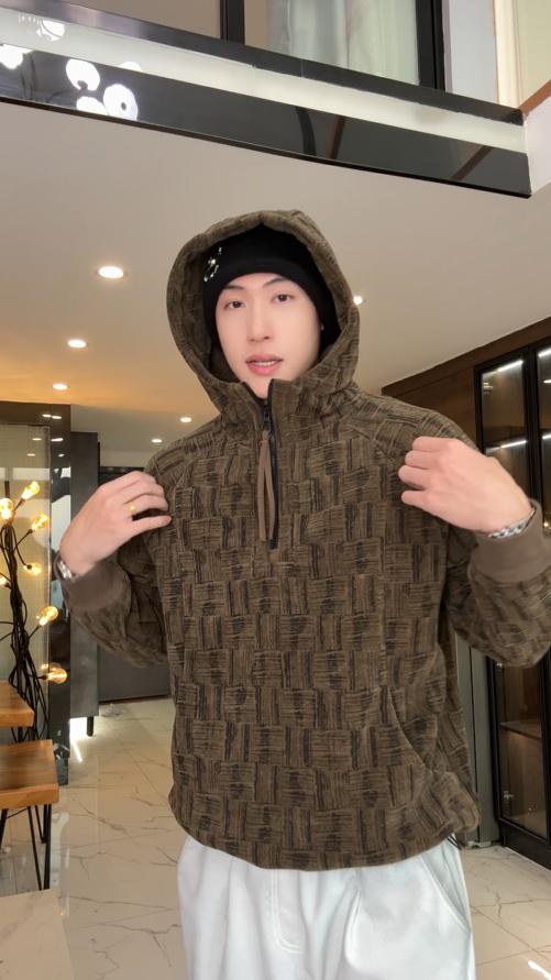 WY1461SDSA秋冬新款痞帅男装潮牌撞色编织印花半拉链立领连帽卫衣百搭 商品图0