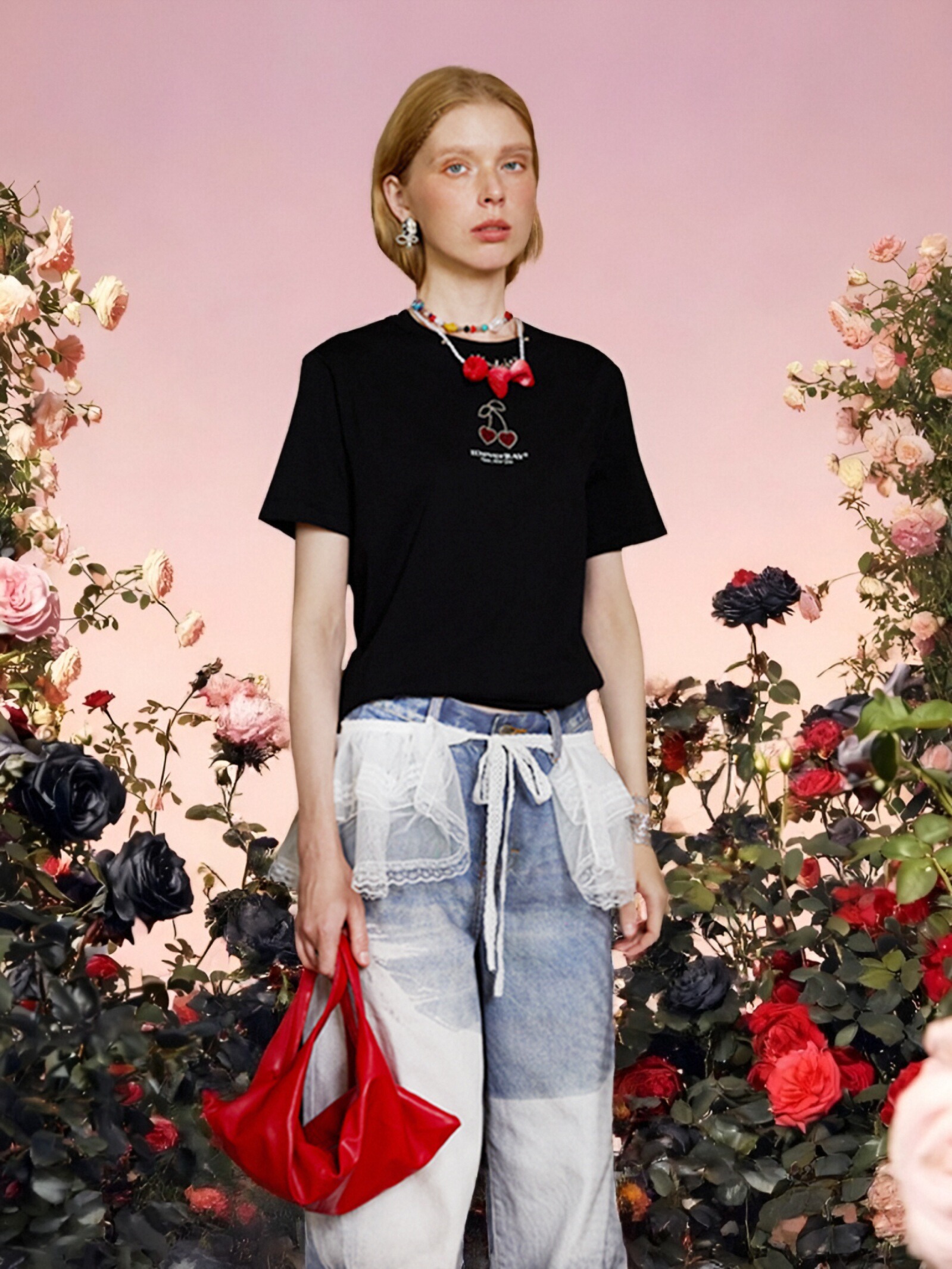 【女版型】IDEVERRAY 2025夏季新款樱桃圆领T恤短袖女休闲全棉百搭简约上衣