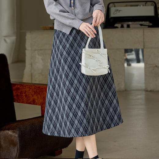 奢姿大码女装复古格纹半身裙胖妹妹高腰遮胯中长款A字裙秋冬伞裙9954453874B 商品图4