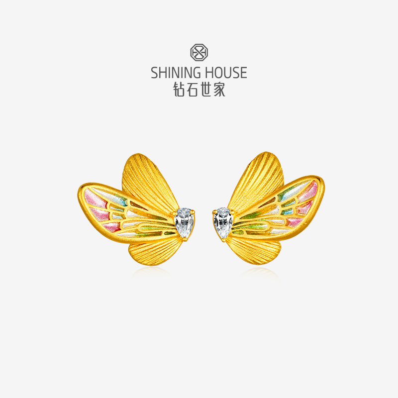钻石世家[艺术黄金]   灵瑞降喜系列  足金钻石耳饰 古法黄金灵蝶珐琅古法金钻石耳饰 足金黄金耳饰【黄金产品不支持无理由退换货】预计3-5天发货