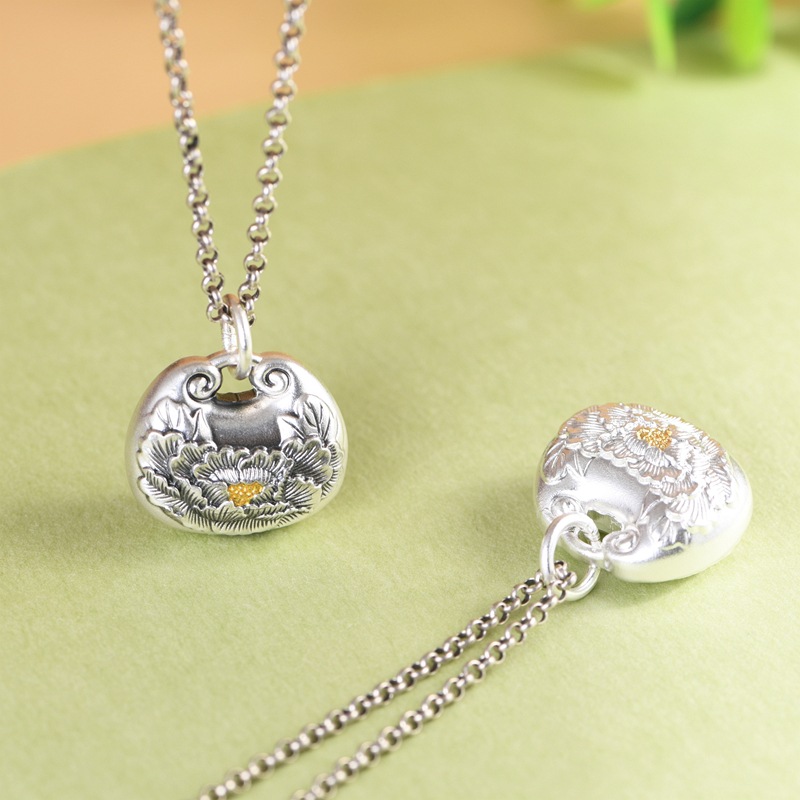 【牡丹芳辰;】足银999银锁小胖福双面牡丹项链吊坠【SCH-DIY10339-2.5】