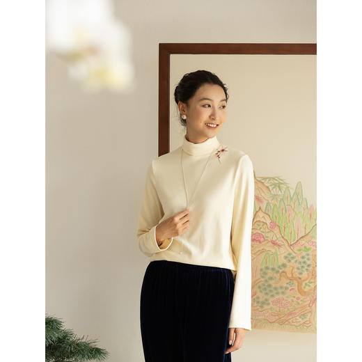 牧衣游原创棉混纺手工刺绣T恤简约纯色舒适打底长袖高领上衣 霞落 商品图1