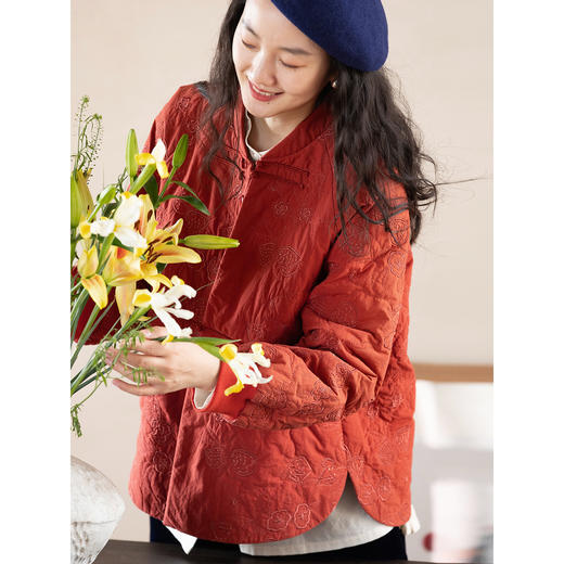 牧衣游原创 60支机绣涧棉棉衣薄款新中式红色复古宽松棉服 一见喜 商品图2