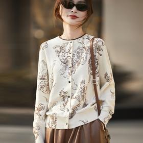 「自」全新升级【铂金会员201/天猫269/差价68】(10312)洛诗琳气质腰果印花针织开衫2025秋冬圆领百搭显瘦针织毛衣