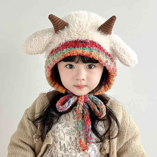 【柔软亲肤保暖❗️捏捏耳朵还会响】可爱小羊儿童毛绒帽子女童冬季保暖绑带护耳帽加厚亲子套头雷锋帽。jb 商品图2