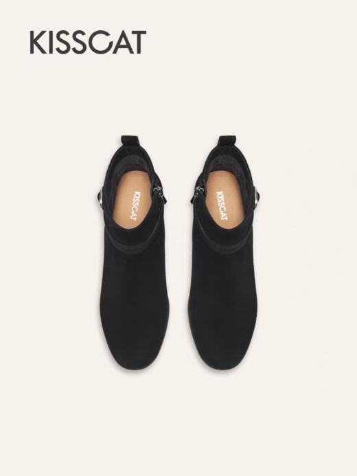 「KISSCAT接吻猫25冬季新款显瘦粗跟矮靴增高法式真皮黑色时装靴女」 商品图4