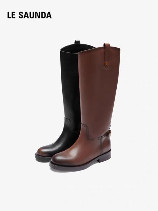 莱尔斯丹2025秋冬新款牛皮显瘦复古粗跟骑士长筒靴子女 商品图1