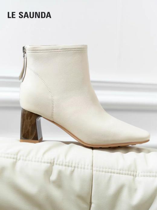 莱尔斯丹琥珀奶油2025秋冬新款方头真皮粗跟白色短靴子女6T60901 商品图2