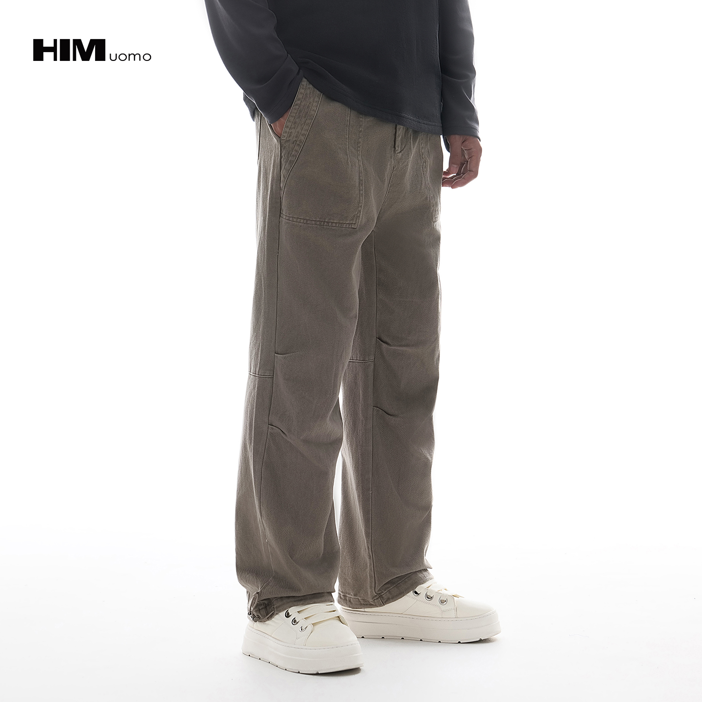 HIM漢崇【商场同款】褶皱纯棉宽松工装束脚裤男复古高街休闲伞兵裤