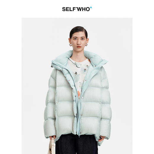 SELFWHO90白鹅绒撞色羽绒服女2025冬新款保暖防风中长款宽松外套 商品图0