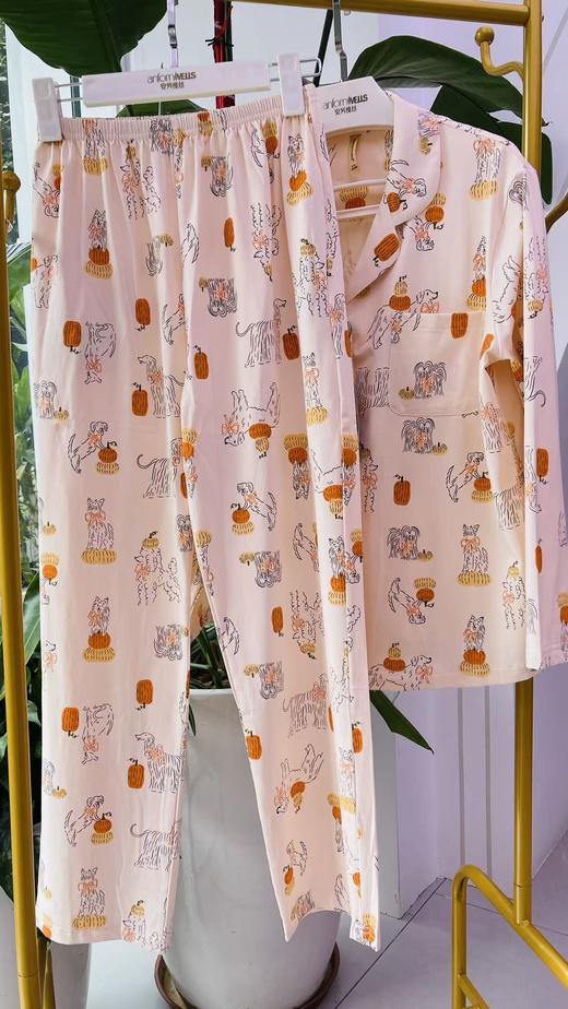 女款翻领长袖长裤套装丝光棉睡衣舒适透气1415338 商品图1