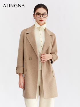 【商场同款】阿菁娜冬季新款经典双排扣大衣宽松中长款弧形贴袋设计A30D511101