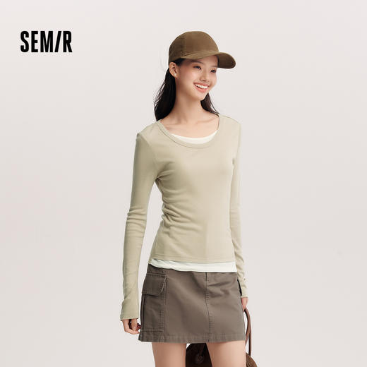 森马长袖T恤女春季圆领正肩修身假两件衣服基础气质潮流显瘦内搭 商品图1
