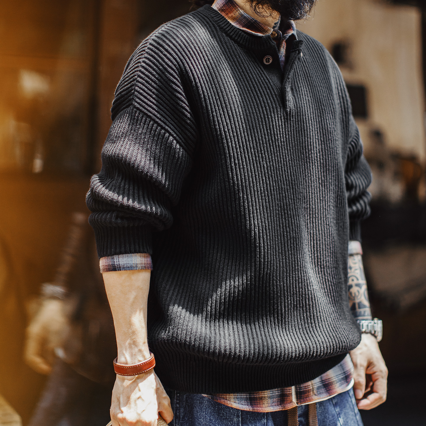 马登工装美式重磅亨利领毛衣黑色外穿高克重垂感加厚套头宽松男冬