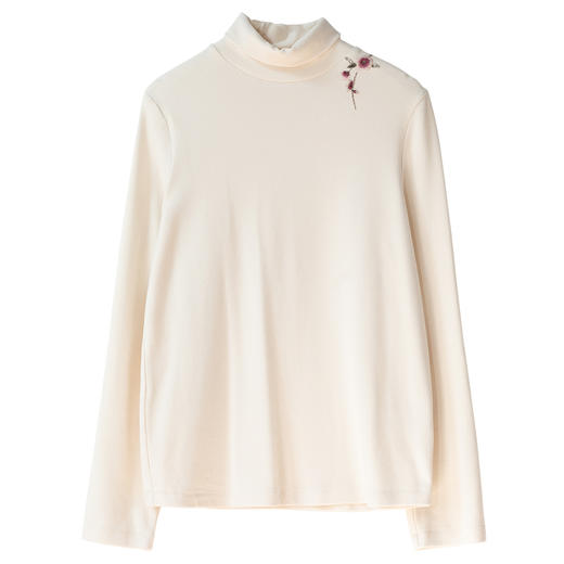 牧衣游原创棉混纺手工刺绣T恤简约纯色舒适打底长袖高领上衣 霞落 商品图4