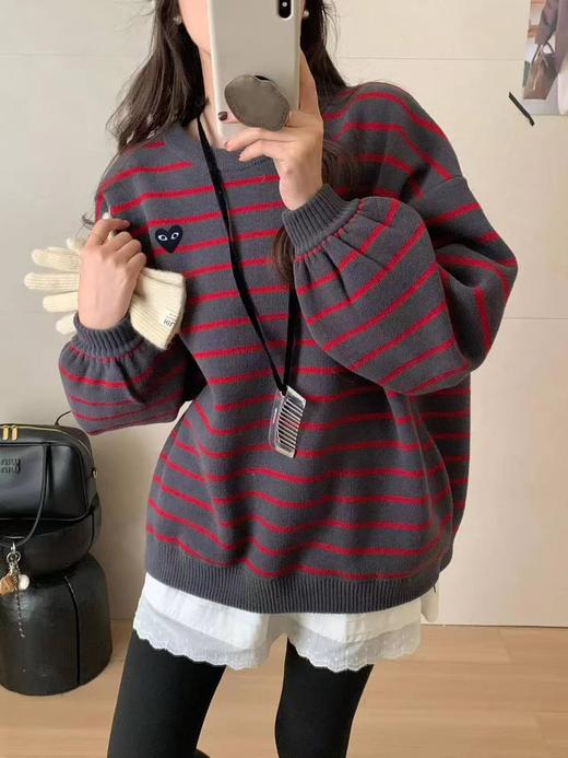 D121105基础款慵懒休闲风格细横条纹圆领针织衫女款 商品图1