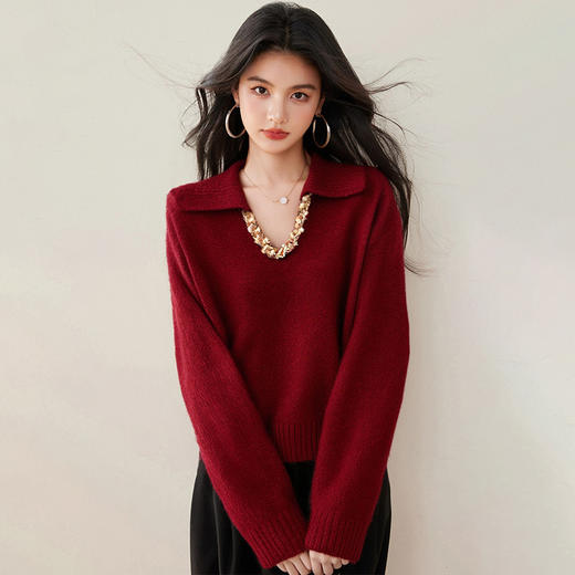 西遇红色毛衣女2025年冬季新款V领亮片宽松百搭打底针织衫SS060011 商品图3