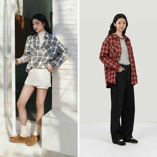 森马长袖衬衫女春季中长款oversize翻领落肩格纹上衣女生复古衬衣 商品图4