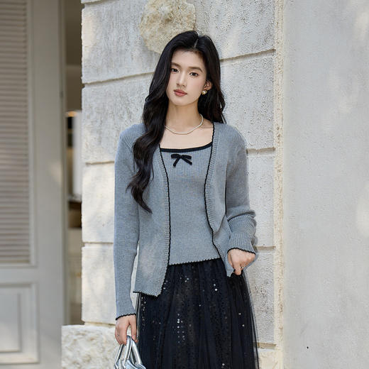 奢姿大码女装2025秋季减龄蝴蝶结针织两件套胖妹妹时尚上衣套装9653953687AB 商品图4