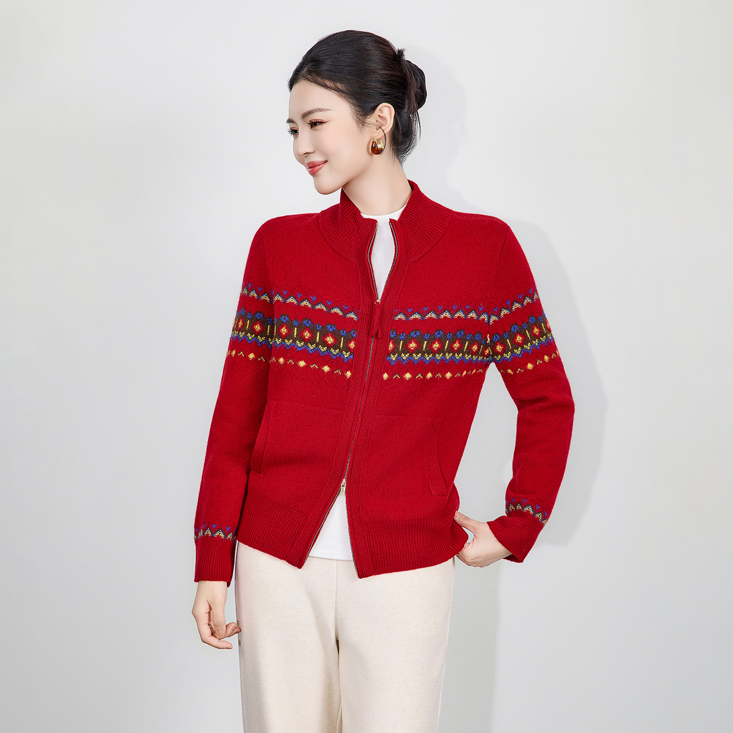 「高货wl」全新升级【铂金会员367/天猫499/差价132】(05342)洛诗琳立体织花超细纯羊毛上衣2025秋冬民族风针织外套女