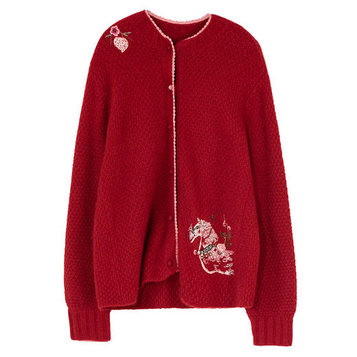 牧衣游原创 毛织手工刺绣外套新款轻盈柔软红色百搭毛织开衫 挽歌 商品图4