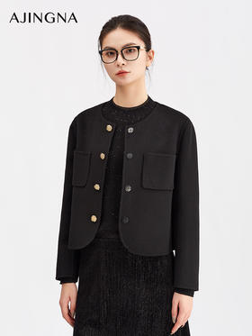 【商场同款】阿菁娜冬季新款短款修身夹克圆领金属纽扣设 弧形下摆显灵动A30D511008