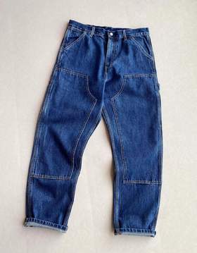 D121113新款精典方形LOGO多口袋石洗宽松直筒工装牛仔裤