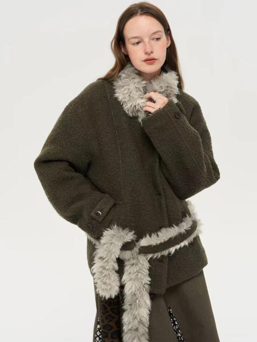 local tag/lt25awk48/冬季西普 慕斯毛领夹棉温暖苔绿含羊毛呢大衣外套 商品图0