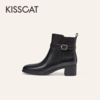「KISSCAT接吻猫25冬季新款显瘦粗跟矮靴增高法式真皮黑色时装靴女」 商品缩略图2